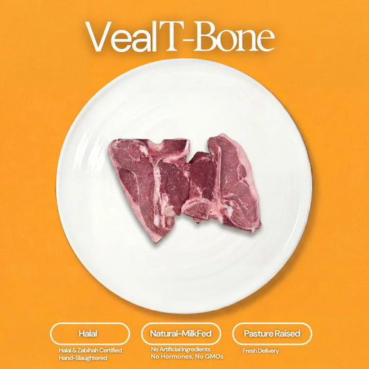 Product photo of two raw veal T-bone steaks centered on a white plate against a vibrant orange background with white "Veal T-Bone" text and descriptive badges for Halal, Natural-MilkFed, and Pasture Raised