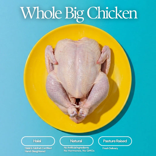 Whole raw chicken centered on a bright yellow plate against a vibrant turquoise background featuring white text "Whole Big Chicken" above and descriptive labels "Halal Natural Pasture Raised" below