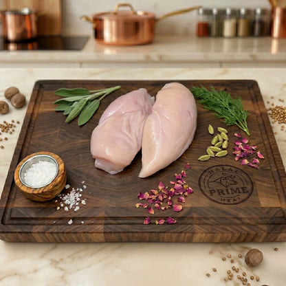 Two pieces of raw chicken breast on a wooden cutting board with herbs and spices in a kitchen setting.