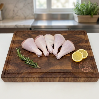Digital photograph by Halal Prime Meat of raw chicken drumsticks on a dark-grained wooden cutting board in a bright kitchen with a fresh green rosemary sprig and two vibrant yellow lemon slices