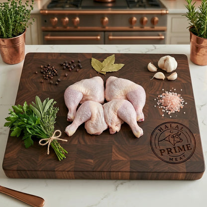 Raw chicken legs on a wooden cutting board with herbs and spices in a kitchen setting.