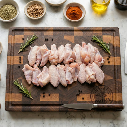 Raw chicken wings on a wooden cutting board with herbs and spices in small bowls.