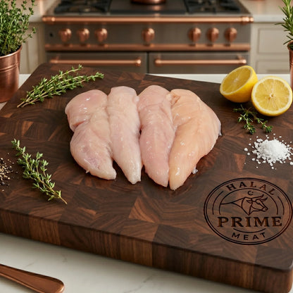 Raw chicken tenders on a wooden cutting board with lemons, herbs, and salt.