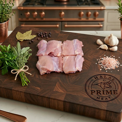 Raw chicken pieces on a wooden cutting board with herbs and spices.