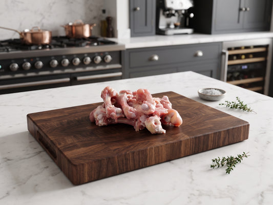 A thick, rectangular dark wood cutting board with a rich grain pattern sits on a white marble kitchen countertop. Raw chicken drumsticks are placed on top of the board, with a small bowl of salt and fresh thyme sprigs nearby.