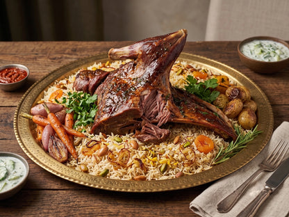 Goat shoulder cooked and plated on top of rice