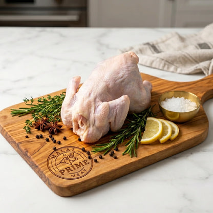 Commercial photograph of a whole raw chicken on a wooden cutting board engraved with the Halal Prime Meat logo, accompanied by fresh green rosemary sprigs, bright yellow lemon slices, and scattered black peppercorns on a white marble countertop