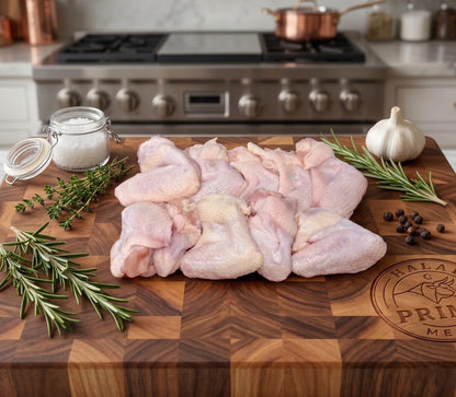 Digital photograph of raw chicken wings on an engraved Halal Prime Meat wooden cutting board in a kitchen featuring fresh rosemary sprigs, a whole garlic bulb, and a jar of flaky sea salt with a professional gas range in the background