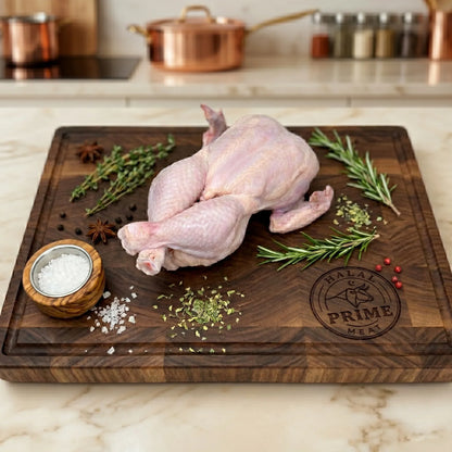 Raw chicken on a wooden cutting board with herbs and spices